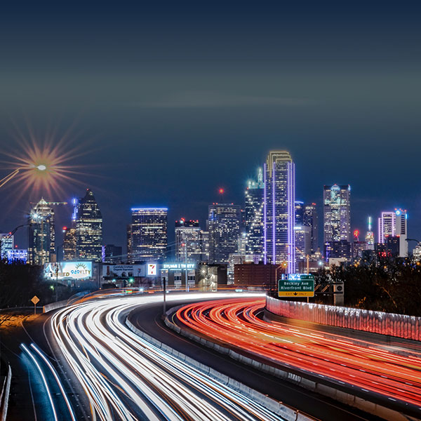 The skyline of Dallas at night.