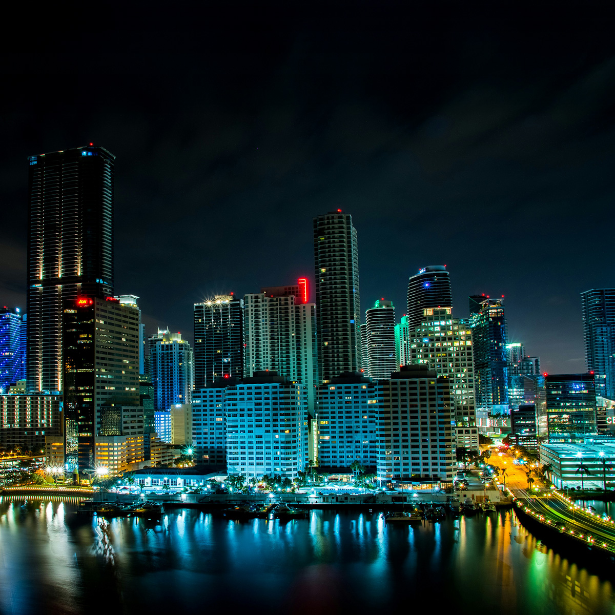 The skyline of Miami at night.