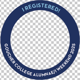 A circle photo frame with the words I Registered and Goucher College Alumnae/i Weekend 2025.