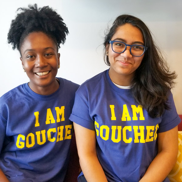 2 goucher students wearing Goucher T-shirts